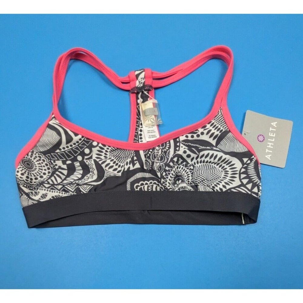 Athleta Sports Bra XS Women's Gym Workout Funky Grey Pink White Nylon Spandex